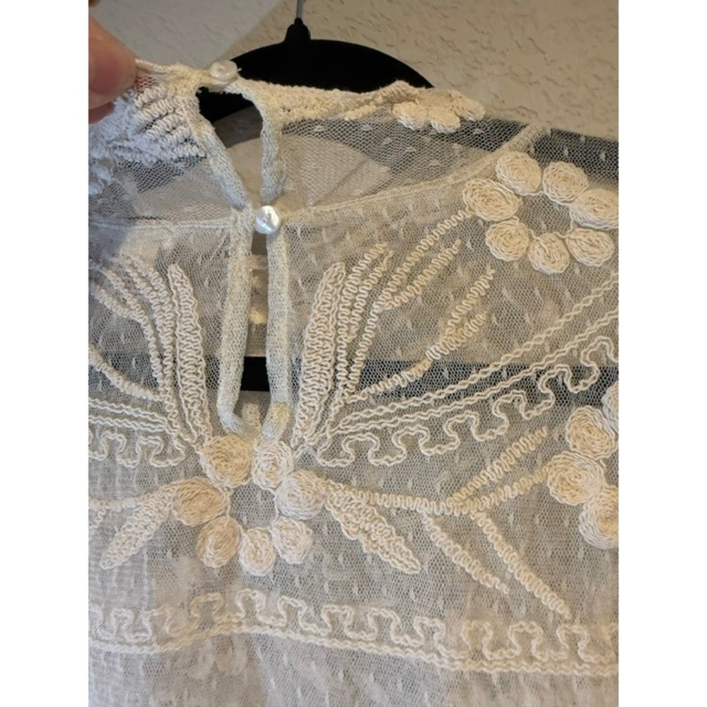 SUNDANCE Sheer Embroidered High Neck Boho Festival Lace Stretchy Cream Floral XL - Picture 7 of 7
